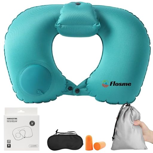 Flosmeネックピロー超軽量コンパクト手動プレス式携帯枕U型【ヘッドレスト付き】らダブルバルブ空気枕..