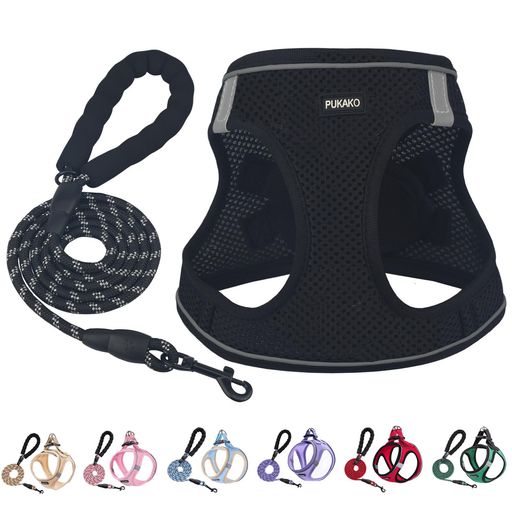 PUKAKO犬ハーネス猫リードセット胴輪小型犬犬用ハーネス猫用服メッシュ素材身体に優しい反射材付き調節..