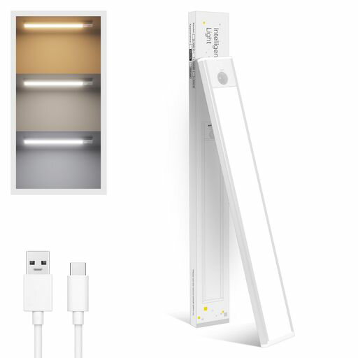 LUTW人感センサーライト室内充電式LEDバーライト足元灯手元灯超薄型30cm3色切替自動・手動点灯マグネッ..