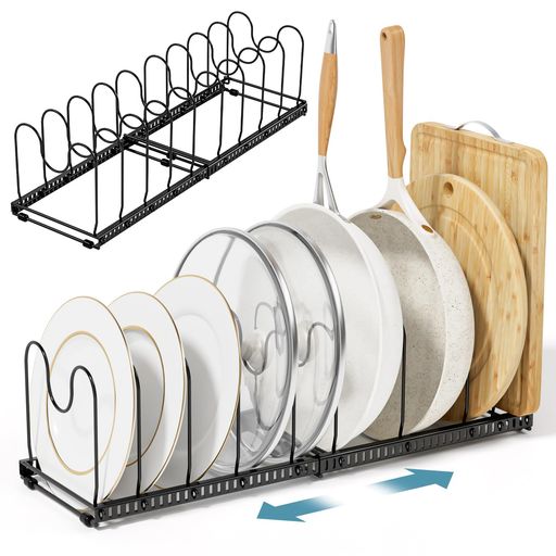 【金属製多機能キッチン収納ラック|調理器具の収納革命】本キッチン収納は、フライパン・まな板・お皿・鍋・鍋蓋など、多種類の調理器具を立てて収納可能!金属製の丈夫なフレームで、重い鍋やフライパンも安定して支えます。キッチンのカウンターや引き出しがすっきり整理され、料理の準備やキッチンの整理時間が大幅に短縮の実感が得られます。 【伸縮式&amp;可分離設計|スペースを最大限活用】本フライパンラックは30cm~58cmまで無段階伸縮で、狭いシンク下や広いカウンターにも完璧フィット!さらに、2つの30cmラックに分離可能なので、引き出し内収納や食器棚の隙間活用も自由自在。1台で3通りの使い方ができるスペースマジシャンです。 【1cm単位調節仕切り|器具の厚さにぴったり対応】この鍋蓋スタンドは10本のM字型仕切りワイヤーで、最大9枚の調理器具を個別収納。1cm単位で間隔調節可能なので、厚手のフライパンや薄いまな板も完全垂直立てが実現!鍋蓋のつまみ部分もM字型設計で安定感抜群、開け閉め時の転倒を未然防止します。