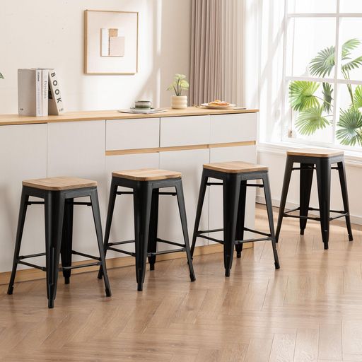 YOUNUOKEカウンターチェア4脚セット木製座面完成品スタッキングブラック金属脚60cm座面高背もたれなし..