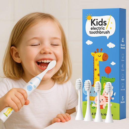 「歯ケアの究極対策&歯垢除去力UP!」電動歯ブラシ子供用充電式音波式歯ブラシ5つの稼働モード2分間のタイマー4つのブラシヘッド付き柔らかめデュポン毛めっちゃ可愛い外観IPX7防水お風…