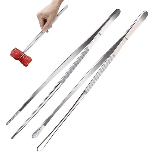 Aquafixキッチンピンセット2個入り長いピンセットステンレス製料理用トング極細調理器具台所用(長さ30cm丸先クリップ+鋭先クリップ)