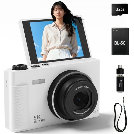 Fesaymiデジタルカメラ5K7500万画素デジカメ180度回転可能スクリーン2.8インチスクリーン18倍デジタルズームオートフォーカス32GBU3高速microSDカードをプレゼントします近接撮影定時撮影