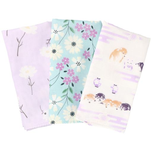 cluster日本製手ぬぐい二重袷和晒ガーゼほつれ防止加工[豆しば(ラベンダー)・花らんまん柄/3枚セット]