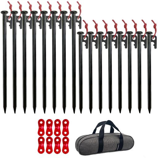 【材質】:丸鋼(抜群な強度と耐食性)【サイズ】:長さ(25cmと30cm)、直径(約)10mm【重さ】:25cm(約)157g/本、30cm(約)186g/本【セット内容】:ペグと自在金具と収納ケース ◆直径約10mmの丸鋼で作られて、砂利や石が混じった固い地面でも深く、強く、しかも曲がらずに打ち込める頑丈さがあるペグです。 ◆25cmペグと30cmペグのセットです。シーンに合わせて使い分けることができます。需要に応じて必要な数量をご選択ください。 ◆ロープの長さや張り具合を調整できるアルミ製の自在金具は8個付いています!テント設営はもっと楽になります。 ◆ペグ専用の収納ケースは付いています。ペグ使用後の一括収納と持運びは便利です。 ※商品の仕様はおよびデザインは予告なく変更する場合がありますので、ご了承ください。