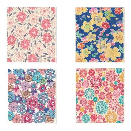 潔の夢キスポンジワイプセルロースクロスキッチンクロスふきん天然繊維4枚セット17x19cmオリジナルデザイン吸水スポンジ速乾クロス台拭き花