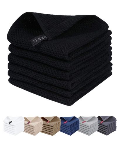 [パノス]ふきんキッチン食器拭き台拭きキッチンクロス(ループ付き)/ワッフル織り綿キッチンタオル6枚セット30x30cmブラック