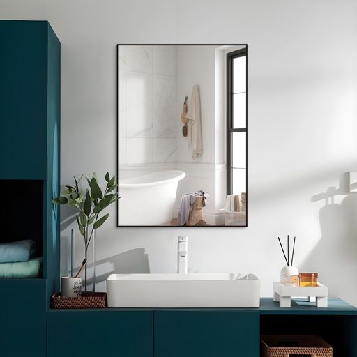 BEAUTME壁掛けミラー浴室ミラー黒色防錆金属フレーム現代浴室寝室、リビング、水平または垂直サスペン..