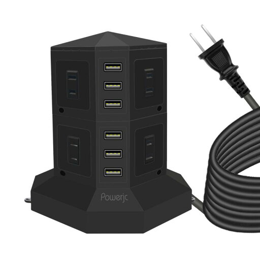 Powerjcタワー式電源タップ 2層縦コンセント 8AC充電口雷ガード 過負荷保護 省エネ 延長コード1.5m オフィス/家庭給電用 ポリカーボネート ブラック Powerjcタワー式電源タップ 2層縦コンセント 8AC充電口雷ガード 過負荷保護 省エネ 延長コード1.5m オフィス/家庭給電用 ポリカーボネート ブラック
