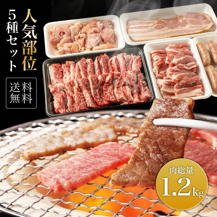 牛肉 焼肉 焼き肉セット 国産 盛り合わせ 5種盛り 約1.2【吟醸牛カルビ500g 国産豚バラカルビ270g 若鶏もも270g 厚切りベーコン3枚 スーパーブーウインナー6本】 バーベキュー BBQ 冷凍お届け お肉 ギフト セット