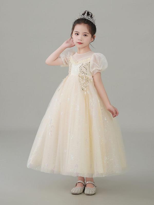 Rakuten - ドレス 女の子 ガールズ プリンセス フォーマル ロング丈 発表会 演奏会 結婚式 パーティー セレモニー チュール ポリエステル 綿混 シャンパン ホワイト
