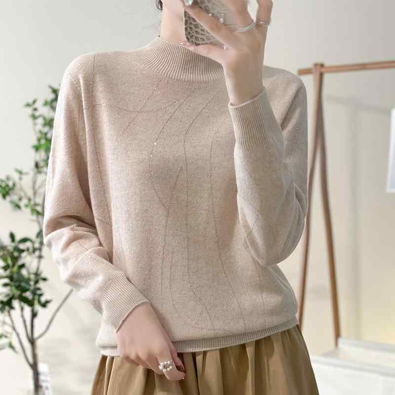 Rakuten - セーター レディース 秋冬 ウール カシミヤブレンド ゆったり 長袖 ハイネック プルオーバー ラインストーン 煌めく 無地 エレガント カジュアル オフィス 通勤 インナー トップス
