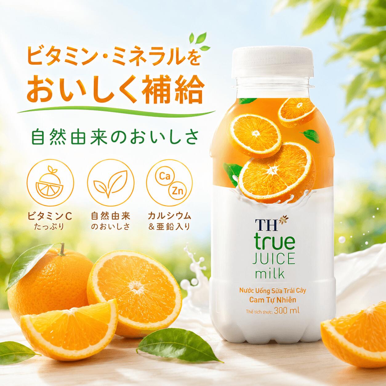 SesofoodsのTH true Juice milk Orange オレンジ ジュース ミルク 300ml フルーツ＆ミルクブレンド TH Sua trai cay Cam tu nhien｜アングル3