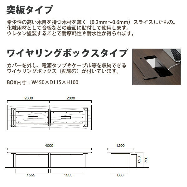 ミーティングテーブル E-WOP-T4012W W400xD120xH72cm 突板 ワイヤリングボックスタイプ 配線ボックス 会議用テーブル おしゃれ 会議テーブル 会議室 オフィスのデスク 大型 長机 会議机 フリーアドレスデスク 事務机 事務所