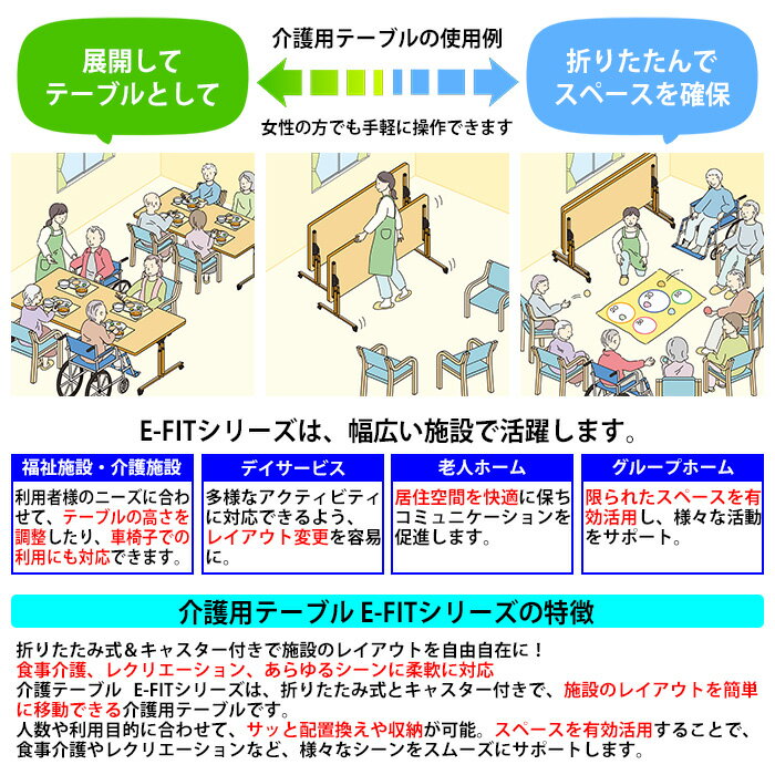 介護施設用テーブル 折りたたみ上下昇降 キャスター付き E-FIT-2190S 幅210x奥行90x高さ66～80cm ソフトエッジ巻 【法人様配送料無料(北海道 沖縄 離島を除く)】 福祉施設 ダイニングテーブル 介護テーブル 介護用テーブル 医療施設 デイサービス 老人ホーム 2