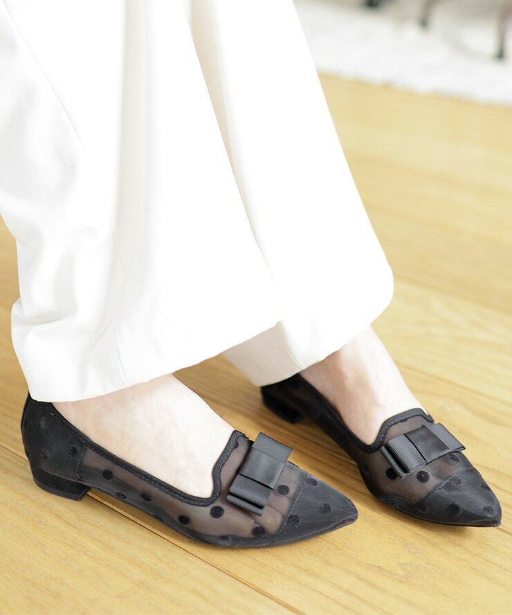 Rakuten - 【10％OFFクーポン｜1日まで】パンプス レディース ドットチュール リボン シースルー ローヒール ポインテッドトゥ オケージョン パーティ 上品 おしゃれ 履きやすい 歩きやすい オフィス カジュアル 黒 ブラック 靴