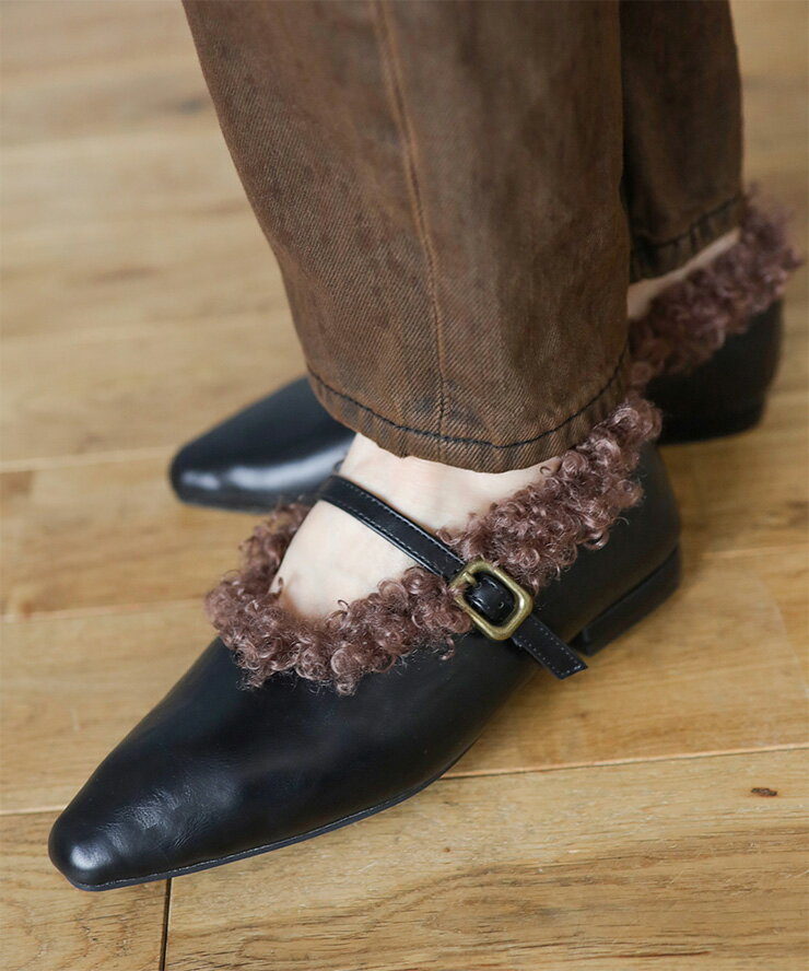 【24日20時～28H限定20％OFFクーポン】パンプス カーリー ファー メリージェーン パンプス セミスクエアトゥ ぺたんこ フラット キラキラ かわいい おしゃれ 履きやすい 歩きやすい 黒 ブラック 靴