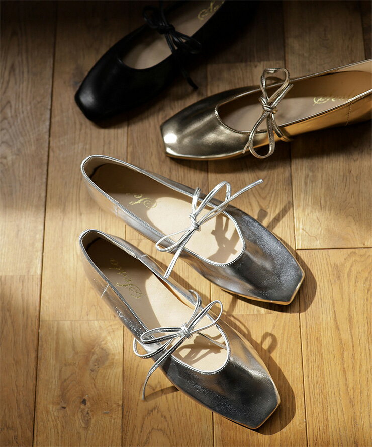 【週末48H限定★10％OFFクーポン】パンプス シューズ スクアエトゥ レースアップ バレエシューズ バレエ バレー 脱げにくい 歩きやすい カジュアル 黒 ブラック ゴールド シルバー 靴