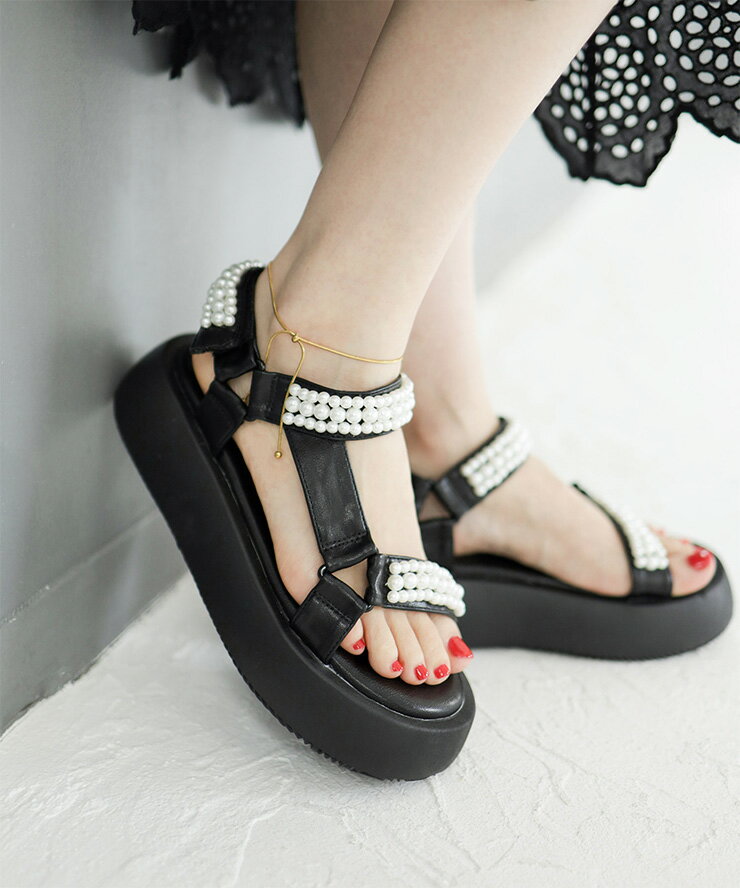 【今だけお得なSALE価格!】サンダル レディース パール 厚底 ベルクロ スポーツサンダル プラットフォーム キラキラ ブラック 黒 アイボリー 歩きやすい 履きやすい 疲れにくい おしゃれ 旅行 お出かけ 靴 ▲返品不可のサムネイル