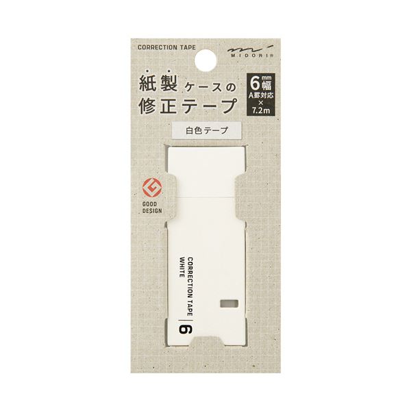 ■サイズ・色違い・関連商品■6mm幅×7.2m クリーム■6mm幅×7.2m 白[当ページ]■5mm幅×7.2m クリーム■5mm幅×7.2m 白■44.2mm幅×10m■商品内容【ご注意事項】この商品は下記内容×5セットでお届けします。●テープは白い紙に合わせた「白」で、一般的にA罫と呼ばれる横罫線ノートに使いやすい「6mm幅」です。●ケース・内部構造・剥離フィルムなど全てのプラスチックパーツを、燃やすごみとして廃棄が可能なバイオマス素材(紙51%+PP49%)と紙に置き換えたサステナブルな修正テープ。●ケースは無垢な紙の厚みや塊感を感じるスクエアなデザイン。手触りの良いマットな質感です。■商品スペックタイプ：使い切りタイプ引き方：タテ引きテープサイズ：幅6mm×長さ7.2m寸法：69×13×27mm材質：紙パウダー入り合成樹脂「MAPKA」(紙51%+ポリプロピレン49%配合により紙製品に分類)その他仕様：●テープ色:白備考：※先端部でケガをしないように取り扱いに十分ご注意ください。※6歳未満のお子様の手の届かないところに保管してください。※紙への修正用途以外には使用しないでください。※先端が左右に傾いていると転写不良になります。左右方向には傾けないでご使用ください。■送料・配送についての注意事項●本商品の出荷目安は【5 - 11営業日　※土日・祝除く】となります。●お取り寄せ商品のため、稀にご注文入れ違い等により欠品・遅延となる場合がございます。●本商品は仕入元より配送となるため、沖縄・離島への配送はできません。[ 35499006 ]