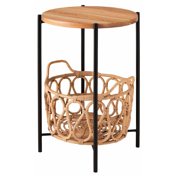 サイドテーブル 約幅43.5cm ナチュラル バスケット付き 天板取り外し可能 天然木 ミンディ ラタン スチール リビング 完成品