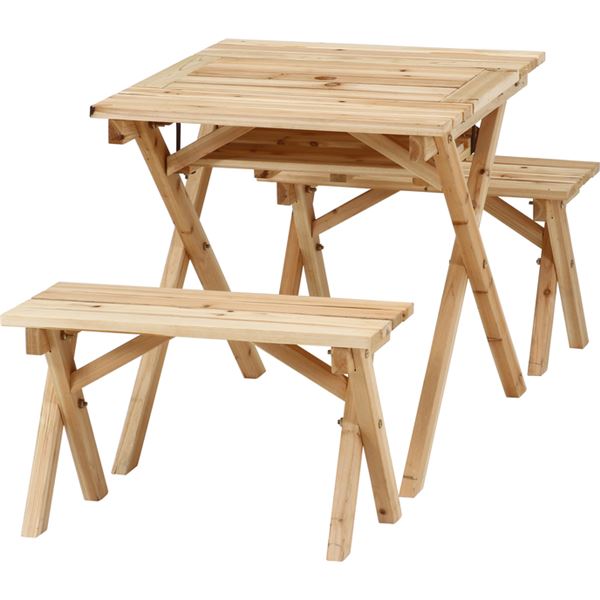 ガーデンテーブル＆ガーデンベンチセット 約幅620mm ナチュラル 木製 ミニ コンロスペース付 BBQテーブル＆ベンチセット 組立式
