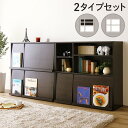 ディスプレイラック / 本棚 【2個セット ダークブラウン】 幅約92cm フラップ扉付き 可動式棚板付き 〔リビング ダイニング〕
