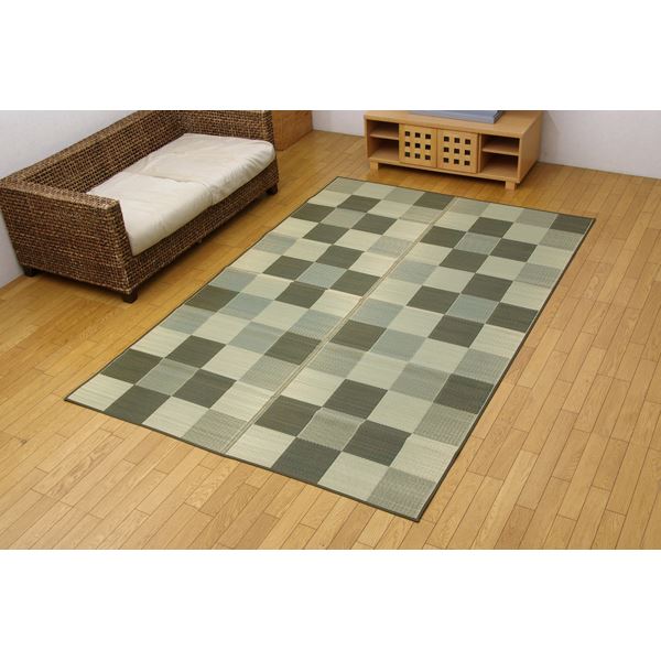 い草 花ござ / ラグマット 【ブロック柄 グリーン 江戸間4.5畳 約261×261cm】 日本製 耐久性抜群 抗菌 防臭 調湿 〔リビング〕