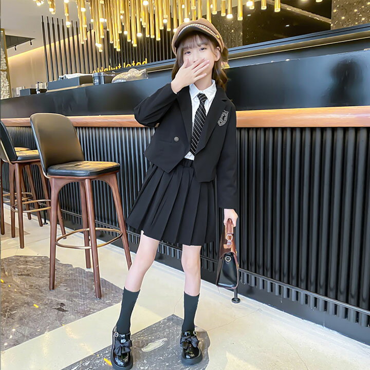 入学式スーツ 子供 女の子 上下セット 制服 無地 ブラック キッズ 卒業式 4点セット 女子学生制服 フォ..