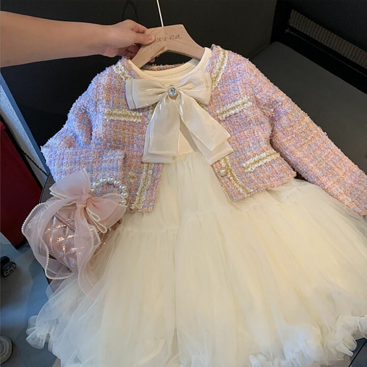 送料無料 ワンピース 女の子 ジャケット 入学式 チュール 蝶結び付き 2点セット ピンク フリル キッズワンピース 膝丈 可愛い 秋 春 ツイード調 子供服 キッズ 長袖 おしゃれ かわいい お出かけ フォーマ