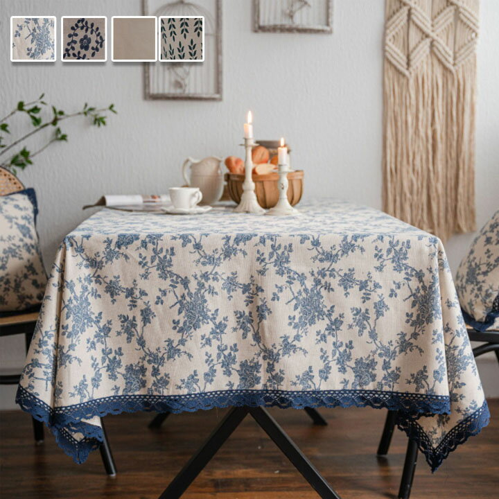 テーブルクロス 北欧 花柄 葉柄 おしゃれ 可愛い 長方形 リネン ネイビー 汚れ防止 可愛い テーブルカ..