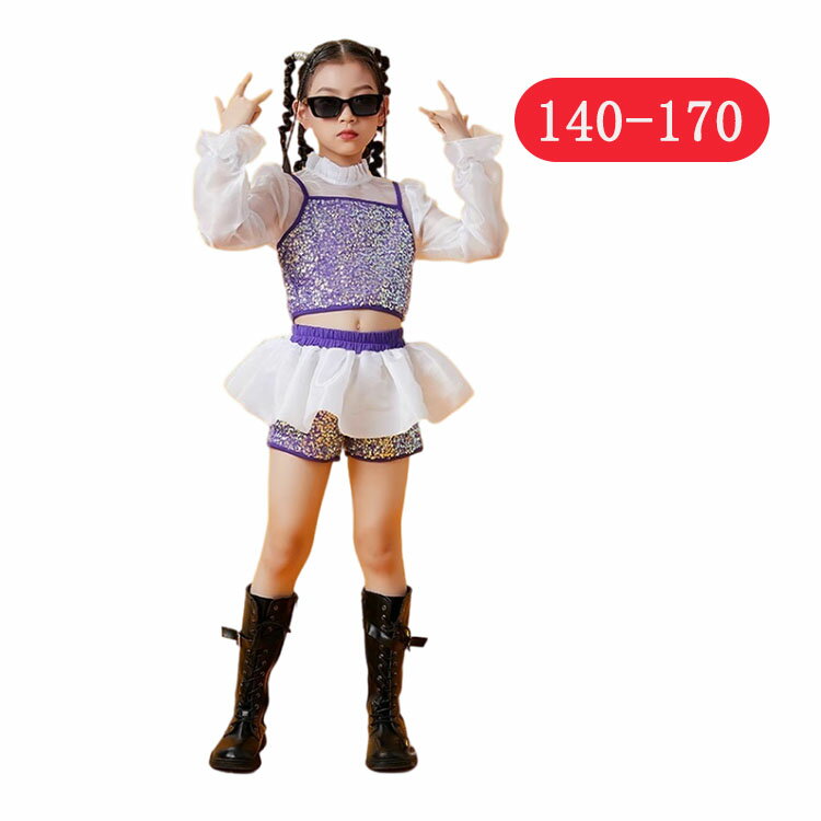 其它 - キッズダンス衣装 ダンス衣装 上下セット パープル ピンク おしゃれ キッズ 女の子 ヒップホップ hiphop チアガール 演出服 かわいい ガールズ 発表会 送料無料 ジャズダンス衣装 セット