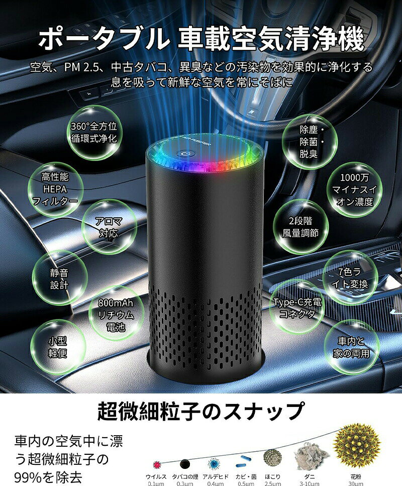 ＼10倍ポイント／車載空気清浄機 小型 空気清浄機 車 卓上 活性炭フィルター イオン発生器 800mAh大容量バッテリー USB充電式 車用清浄機 LEDライト搭載 軽量 静音 アロマ対応 ホコリ PM2.5 花粉症対策 タバコ ペット 車内/卓上/オフィス/部屋/冷蔵庫など適用