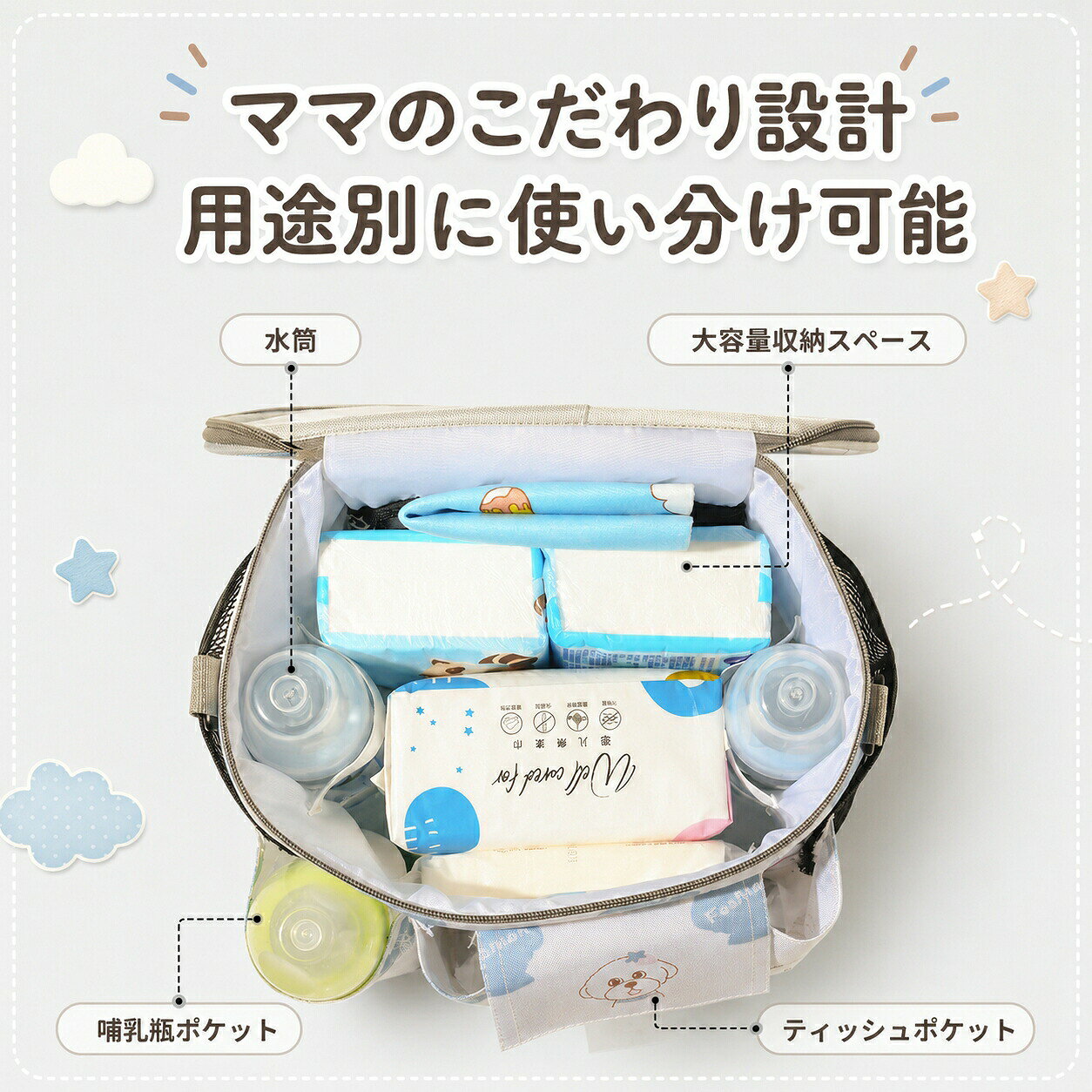 SET MARKETの＼5倍ポイント／ 大容量 ベビーカーポーチ ベビーカーバッグ 4way 多用途 ベビーカー用吊り下げポーチ 大容量 タッチ操作可能 撥水加工 おむつ ウェットティッシュ 哺乳瓶 おやつ スマホ 小物 水筒 たっぷり 収納可能 仕切り収納 透明窓付き｜アングル3