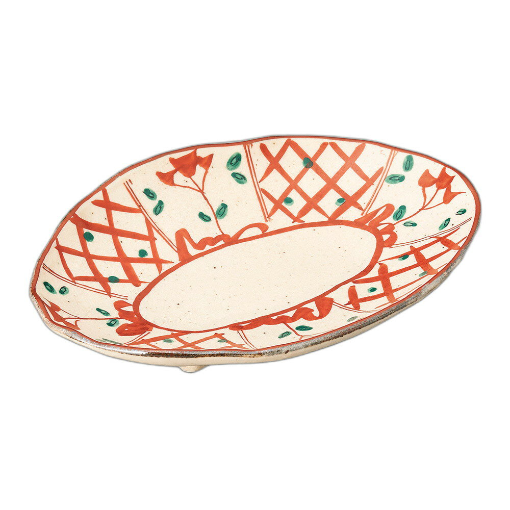 手描き格子間取花三ッ足楕円皿 [ 22×15.2×4.2cm ] | 楕円皿 | おすすめ 人気 食器 業務用 飲食店 カフェ うつわ 器 おしゃれ かわいい お洒落 可愛い ギフト プレゼント 引き出物 内祝い 結婚祝い 誕生日 贈り物 自宅 イベント