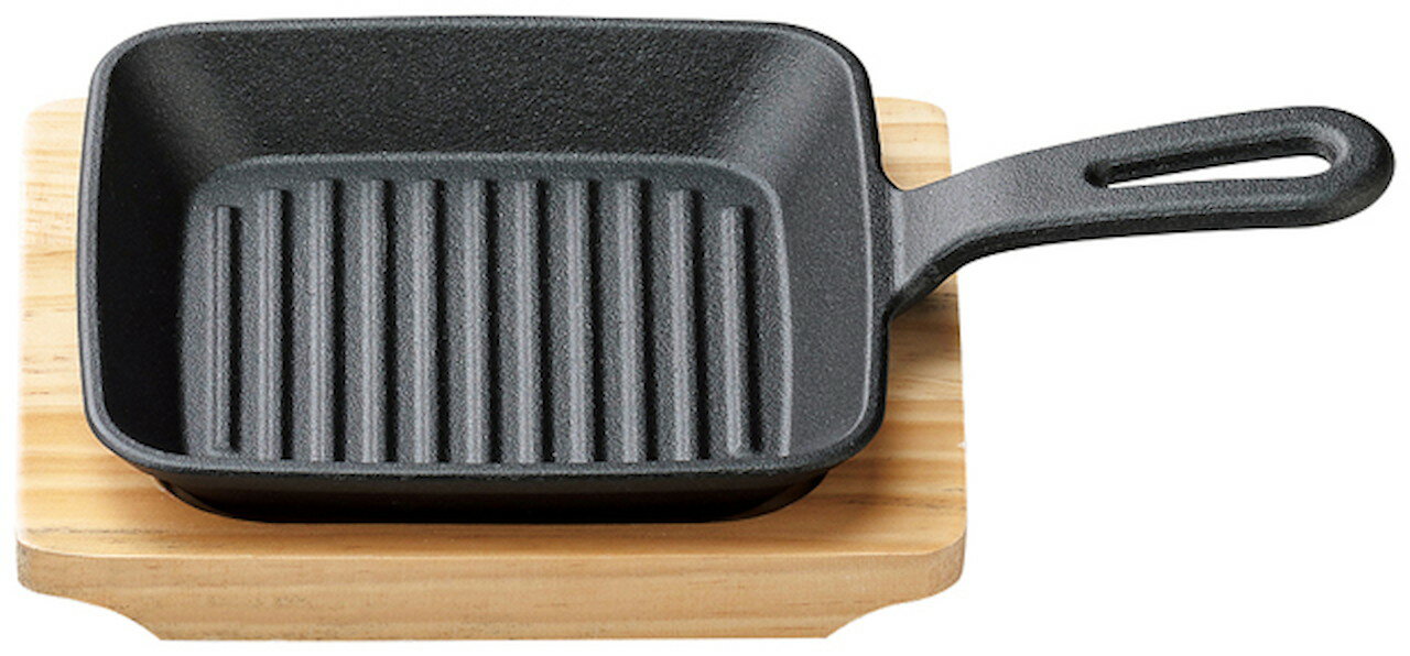 フライパン型角鉄皿19cm（木台付） [290×194mm] | SNS インスタ映え 懐石料理 会席料理 器 食器 業務用 一人鍋 卓上鍋