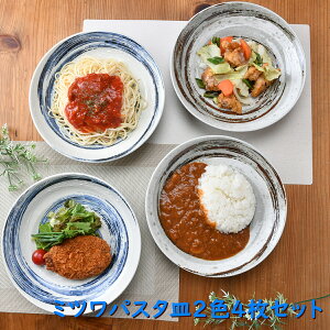 ミツワパスタ皿2色4枚セット | 麺皿 大皿 丸皿 盛皿 パスタ皿 カレー皿 和皿 プレート 陶器 ...