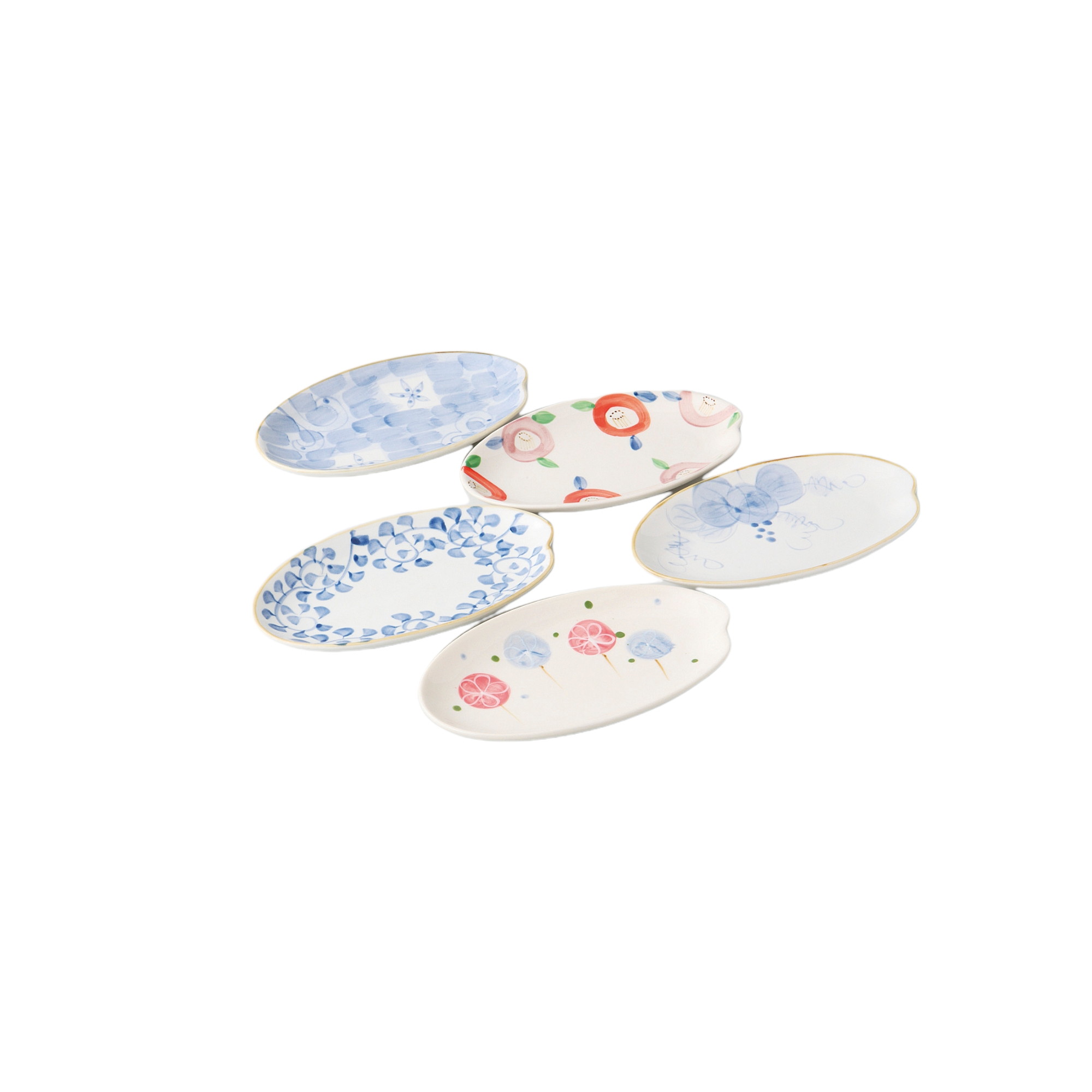染付五彩長皿揃 [品：皿×5／11×8.5cm]