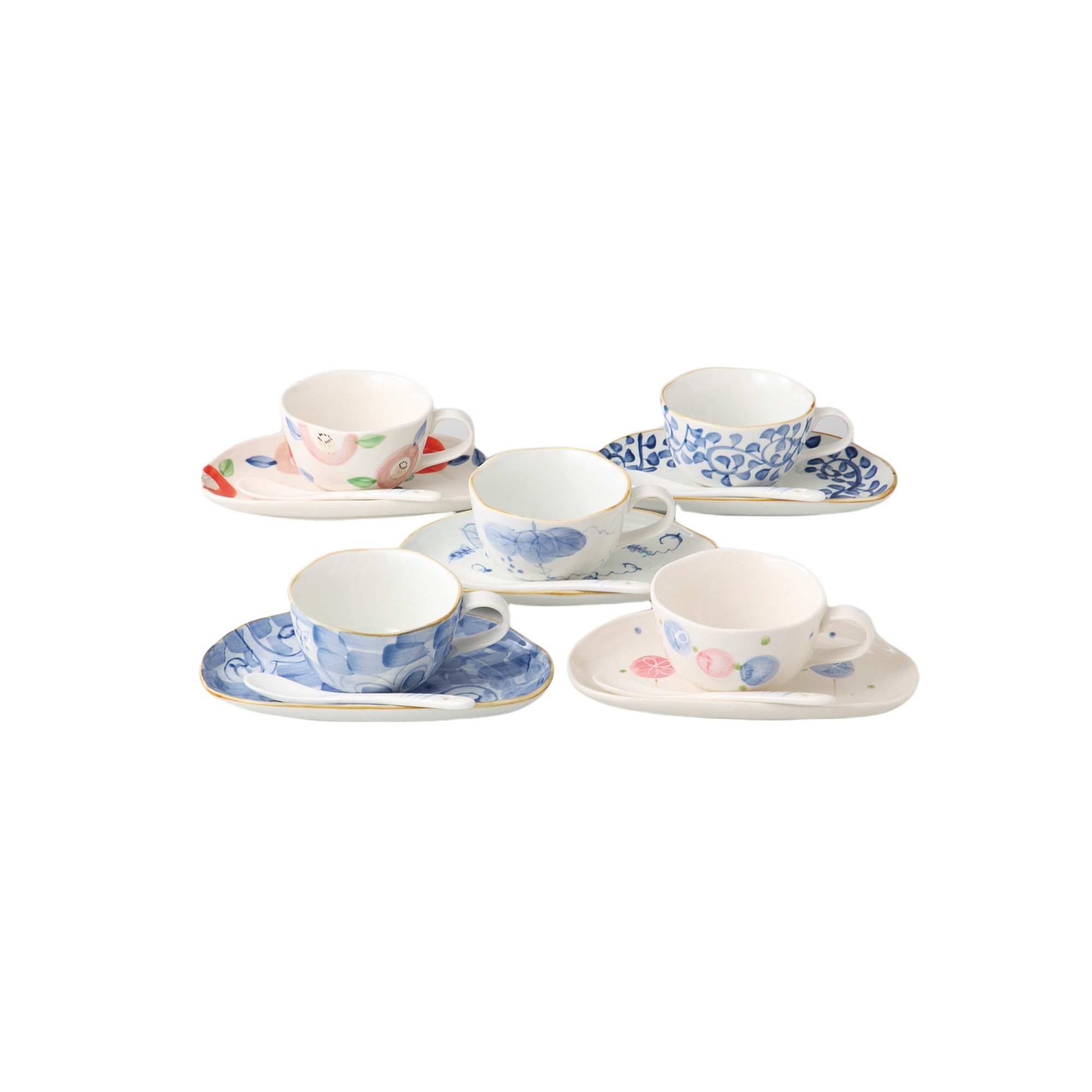 染付五彩碗皿揃（スプーン付） [品：碗×5／φ9×5.5cm、皿×5／10.7×18cm、スプーン×5]