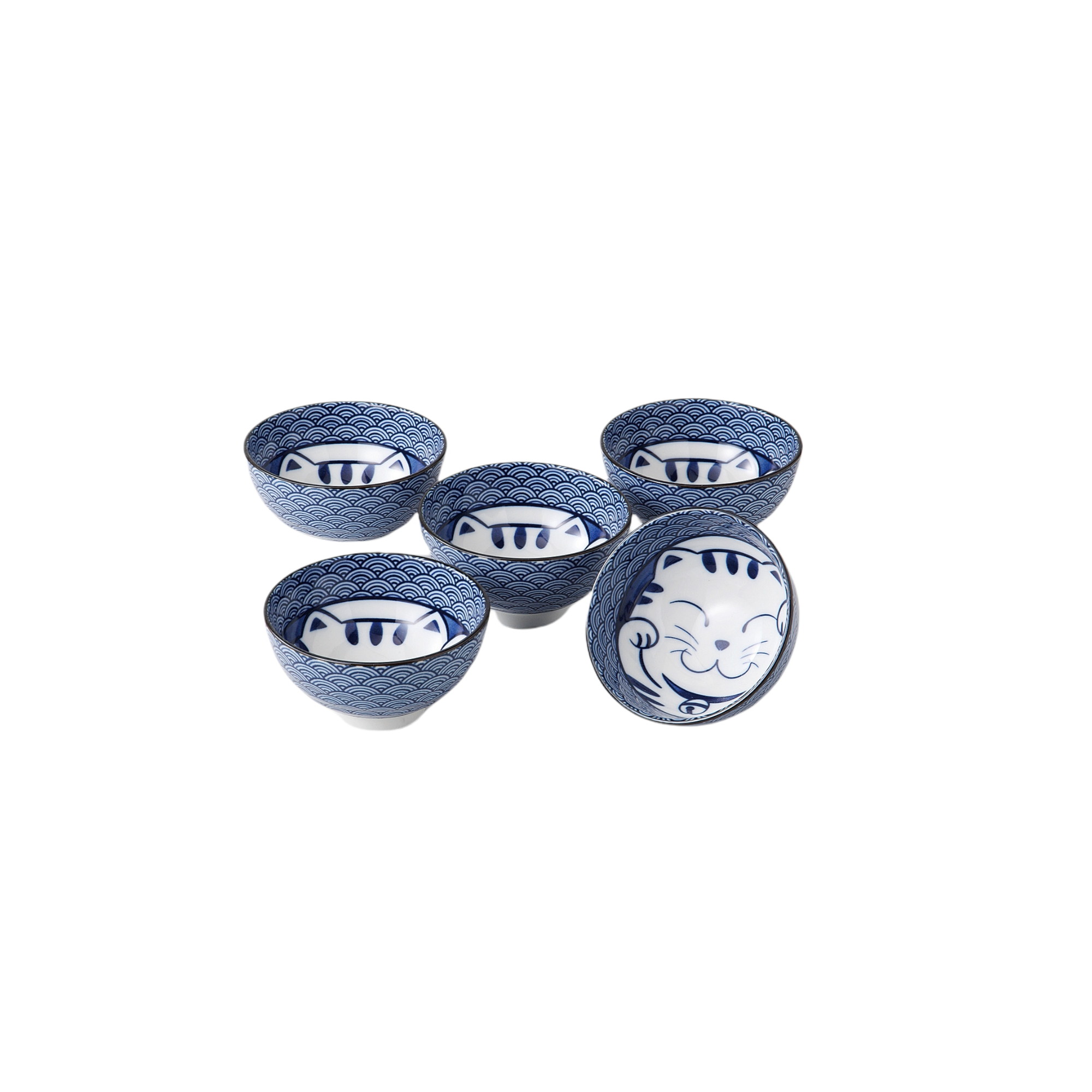 青海波ネコ茶碗揃 [品：茶碗×5／11.7×6.3cm]