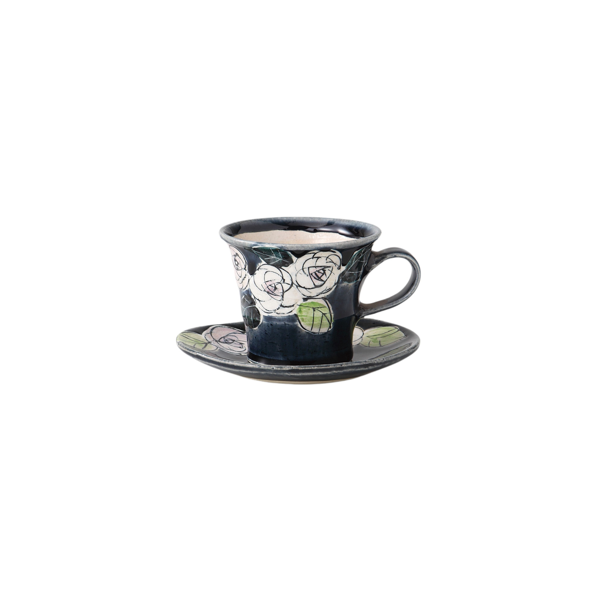 藍釉バラ碗皿 [品：碗×1／9×10.8×7.3cm、皿×1／13.5×12.3×1.2cm]