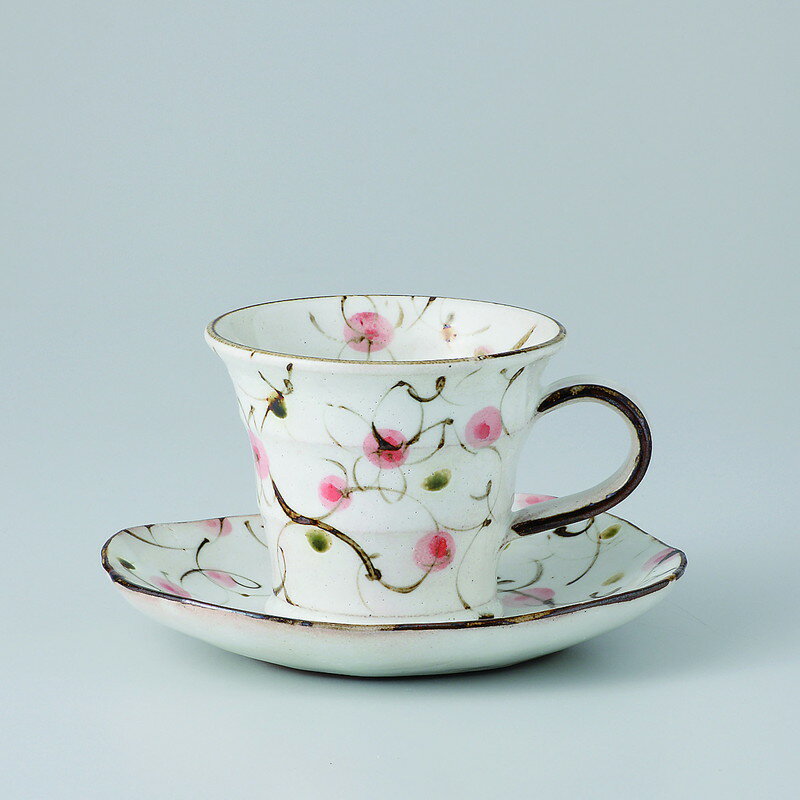 碗皿 粉引ピンク花唐草コーヒー碗皿 [品：碗x1/9x11x7.5cm 皿x1/14.6x12.6x2.2cm 箱：17x16x8.5cm] 430..