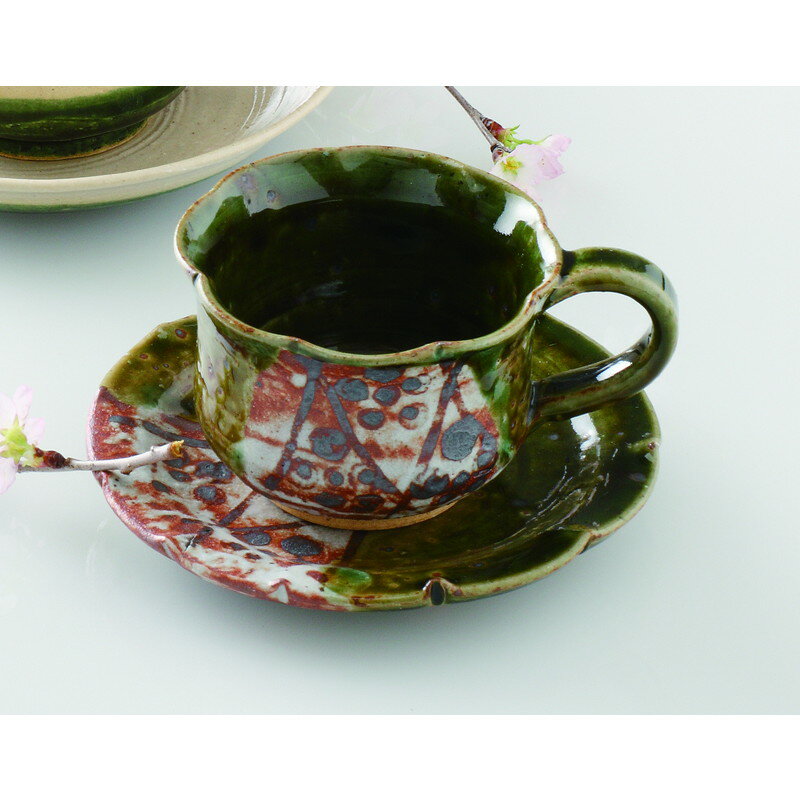 碗皿 絵織部コーヒー碗皿 [品：碗x1/R11.5x9x6.5cm 皿x1/R13.5cm 箱：15.5x14.5x8.5cm] 450g ボール箱 ..