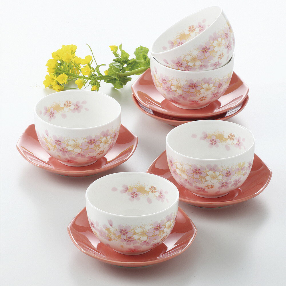 ☆ 茶器セット ☆ 山桜茶菓揃 品 : 湯呑 x 5/R8.5 x 5cm 160cc茶托 x 5/11.5 x 11.5 x 2cm 箱 : 28.5 x 20.5 x 9.5cm 1380g 磁器 美濃焼 化粧箱 湯呑 ゆのみ 茶托 コースター 母の日 父の日 来客用 ギフト プレゼント 贈り物 結婚祝い 引き出物 内祝い 誕生日