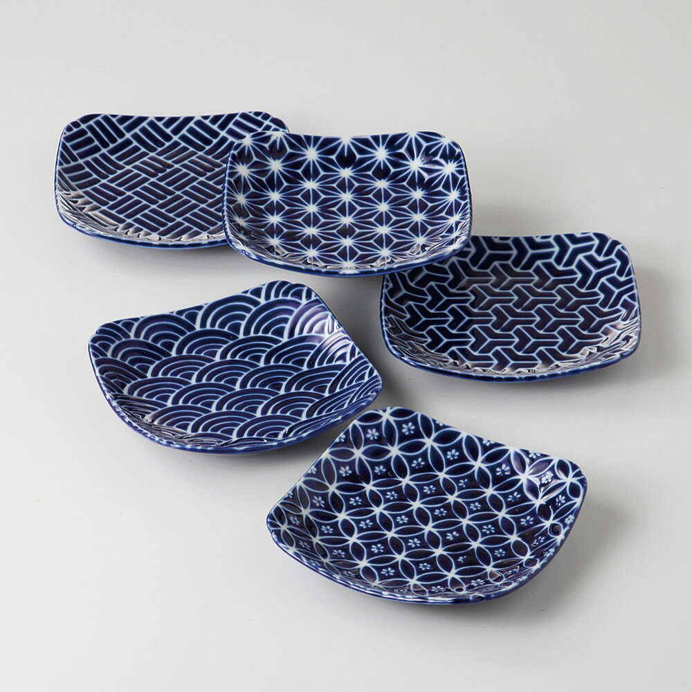 ☆ 食器セット ☆ 藍染工房江戸小紋角取皿揃 [ 品：角取皿 x 5 / 14.2 x 14.2 x 2.5cm 箱：46.2 x 31.2 x..
