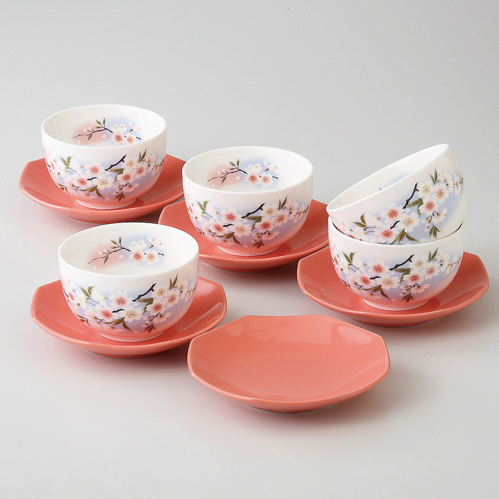 ☆ 茶器セット ☆ 淡墨桜 茶菓揃 [ 品：湯呑 x 5 / R8.5 x 5cm 160cc 茶托 x 5 / 11.5 x 11.5 x 2cm 箱：28.5 x 20.5 x 9.5cm ][1380g][磁器]美濃焼化粧箱 | ギフト プレゼント おしゃれ お洒落 かわいい 贈り物 お祝い 結婚式 茶器セット