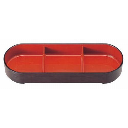 松花堂 小判ヘギ目弁当用3ツ仕切溜内朱 [36.2 x 12.4 x 5.7 ・ 1マス仕切内内寸11.6 x 11.6 x 3.5 cm] ..