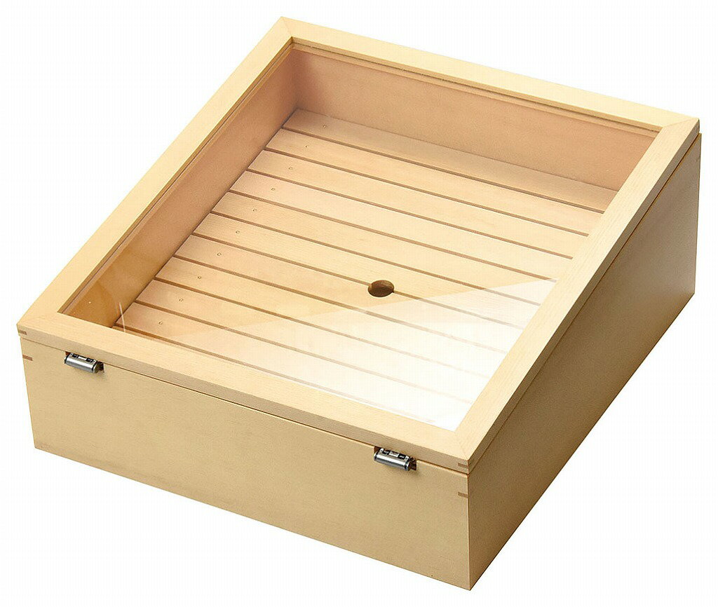 ネタ箱/傾斜型　（自在蓋仕様） [約36.5×39.5×H16.5(12)cm/内寸約34×37×H12.5(8)cm(目皿から約H6cm) ] | 木製 ネタ箱 目皿 アクリル蓋付 寿司ネタ クロワッサン 通気性 その他