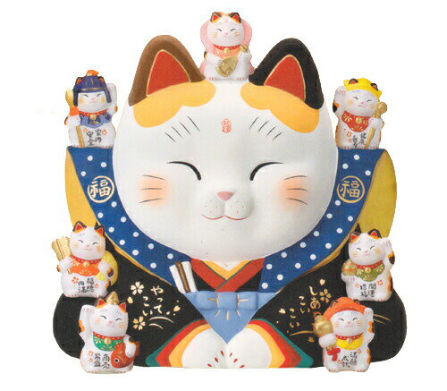 およそ身長が28cm、胴回りが88cm！ 存在感のある立派な福助招き猫です。 縁起物 開店祝い 長寿祝い お祝い 大切な方への贈り物に 高さ　約30cm 横幅　約30cm 奥行き　21cm 座布団　縦横32cm 箱のサイズ縦37×横37×高さ28.5cm ※厚みのある発泡スチロールで、割れないようにしっかりと梱包してあります。せともの製「まねき猫」 たくさんのお願いが叶いますようにと願いをこめて、運を開き福を招く縁起のよい招き猫ちゃんをお届けいたします♪ 一般に、右手を挙げているものはお金（幸運）を、左手を挙げているものはお客さんを呼ぶといわれています。また挙げている手が高ければ高いほど良いともいいます。しかし耳を超えるほど高いものは全体のバランスが崩れてあまり形が良くありません。やはりほどほどがいいのではないでしょうか。 ちなみに招き猫の取り扱い方法！？について簡単にご説明しますと、座布団つきのものは最初はわざと座布団を敷かないんだそうです。それでお願い事が叶ったあかつきにはご褒美として座布団を敷いてあげるんだとか。(*^^*) 　 ご注意ください！ こちらアイテム数が多く在庫調整に四苦八苦しているためお届けが遅れる場合がございますのであらかじめご了承ください。 　 その昔、この寺は、小さなお寺で和尚さんが猫好きで自分の食をさいて猫に与えていました。ある日、タカ狩りの帰途、門前の猫に招かれ立ち寄った彦根藩主井伊直孝がお寺でお茶を飲んでいるとにわかに一転、突然の豪雨に見舞われ、あやうく難を逃れたそうです。これが縁となり井伊家の菩提寺となり、立派な諸堂が建立されました。 その吉運を招いた愛猫の冥福を祈り、猫の人形を作り、「招徳猫児」と呼ばれ今も授与されています。 大袋を背負い、人々に施しを与える遊行の僧。金運招福をもたらす菩薩様に化身。 白髪と白髭が特徴の長寿。寿命を延ばす杖をつき、不老長寿の実である桃を持つ。 大きな打出の小槌を持つ天竺の神。食を司り、家門繁栄・商売繁盛のご利益をもたらす。 琵琶を奏でる女神。学問や音楽、芸術の才を授け、商売や蓄財を助ける。 大きな鯛を抱えた商売繁盛の神であり、漁師の守護神。福々しいえびす顔が特徴。 長い頭に髭、運気を呼び込む杖を持つ。幸福と出世、長寿の神。 仏教の四天王の一人で、片手に槍、もう一方に宝灯を掲げた戦いの神。勝負運を与える。